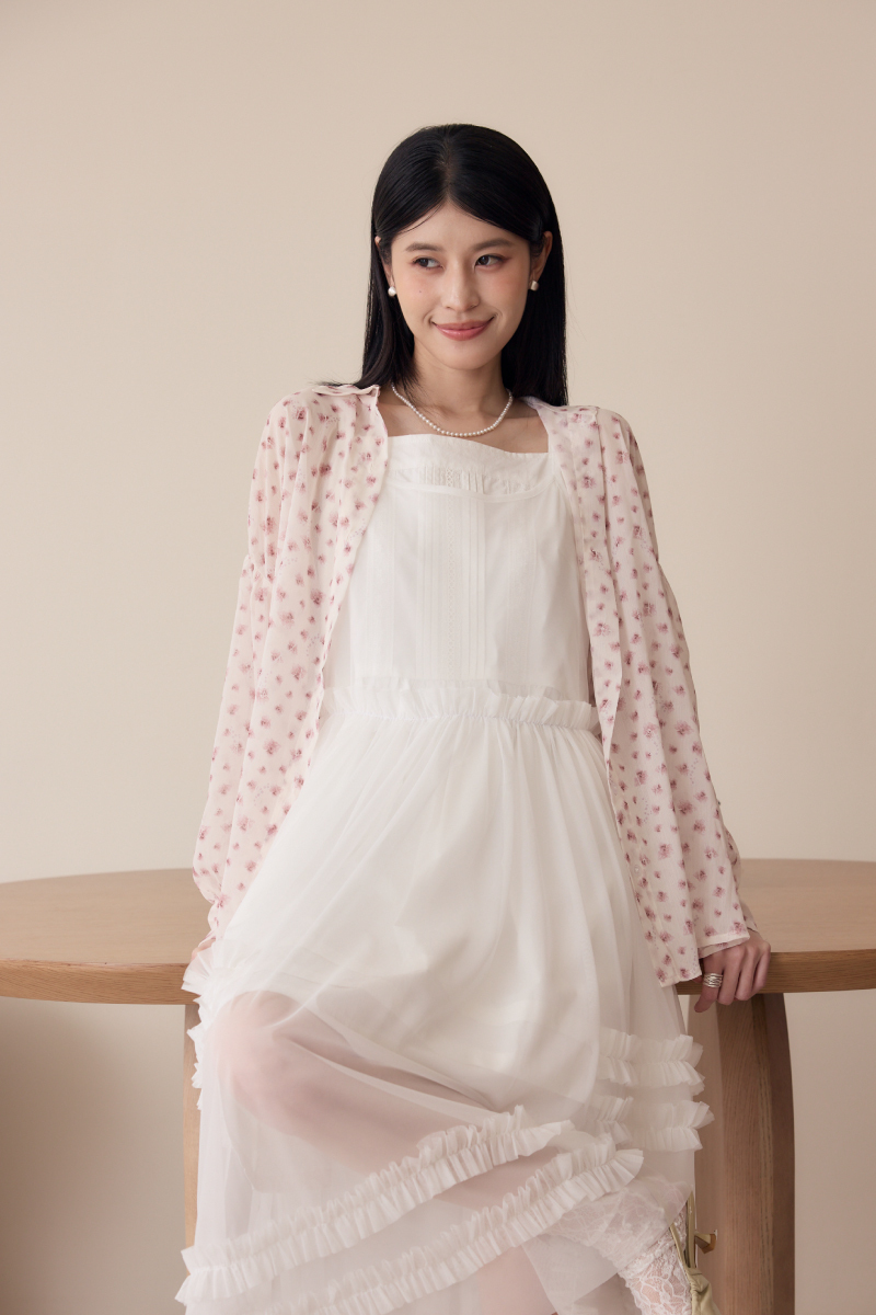 粉色碎花寬袖襯衫