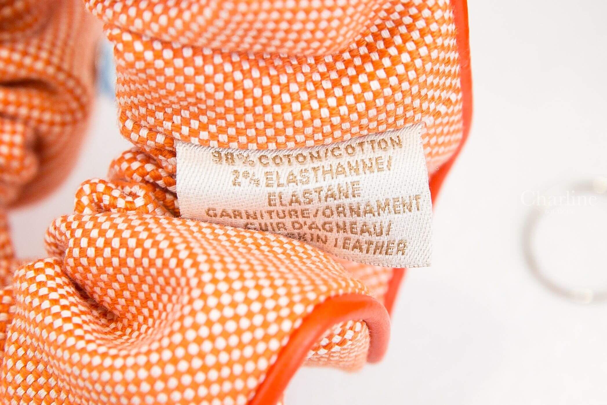 Hermès Claudia Plein Air Scrunchie 花田橘拼白色格紋小羊皮滾邊帆布棉質大腸圈髮束-Charline Boutique 精品代購