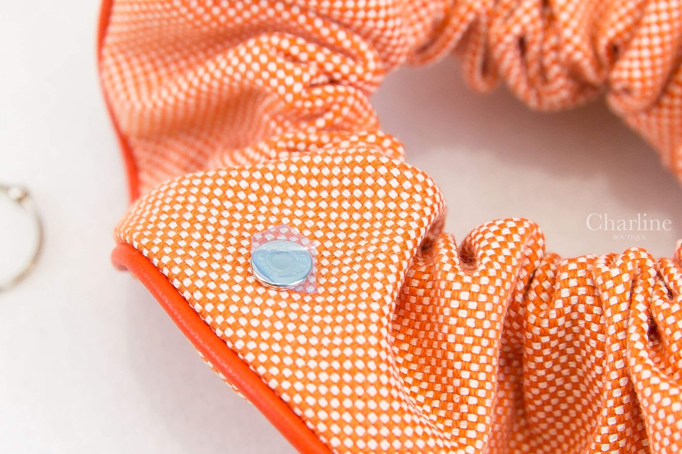 Hermès Claudia Plein Air Scrunchie 花田橘拼白色格紋小羊皮滾邊帆布棉質大腸圈髮束