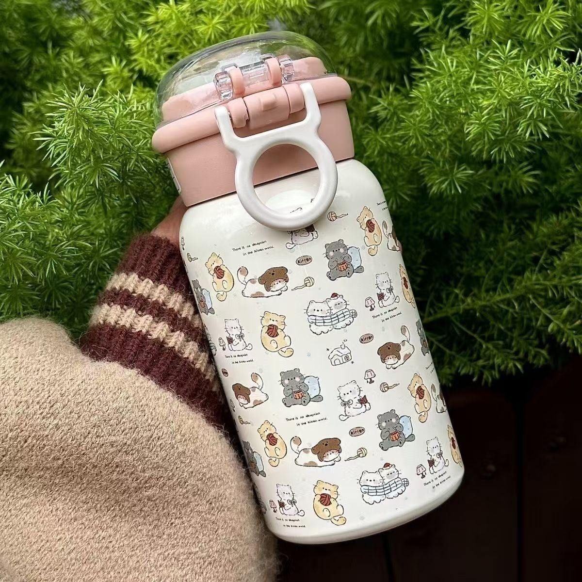 500ML Cute Cat Dual-Use 316 Stainless Steel Straw Thermos Bottle