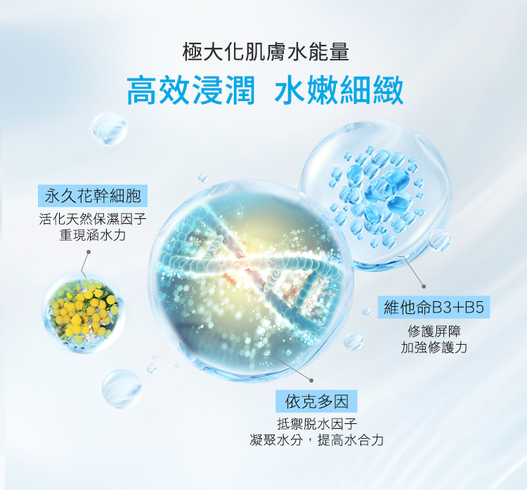 極大化肌膚水能量,水嫩澎亮超越原生肌,永久花幹細胞:活化天然保濕因子,重現涵水力。維他命B3+B5:修護屏障,加強修護力。依克多因:抵禦脫水因子,凝聚水分,提高水合力。