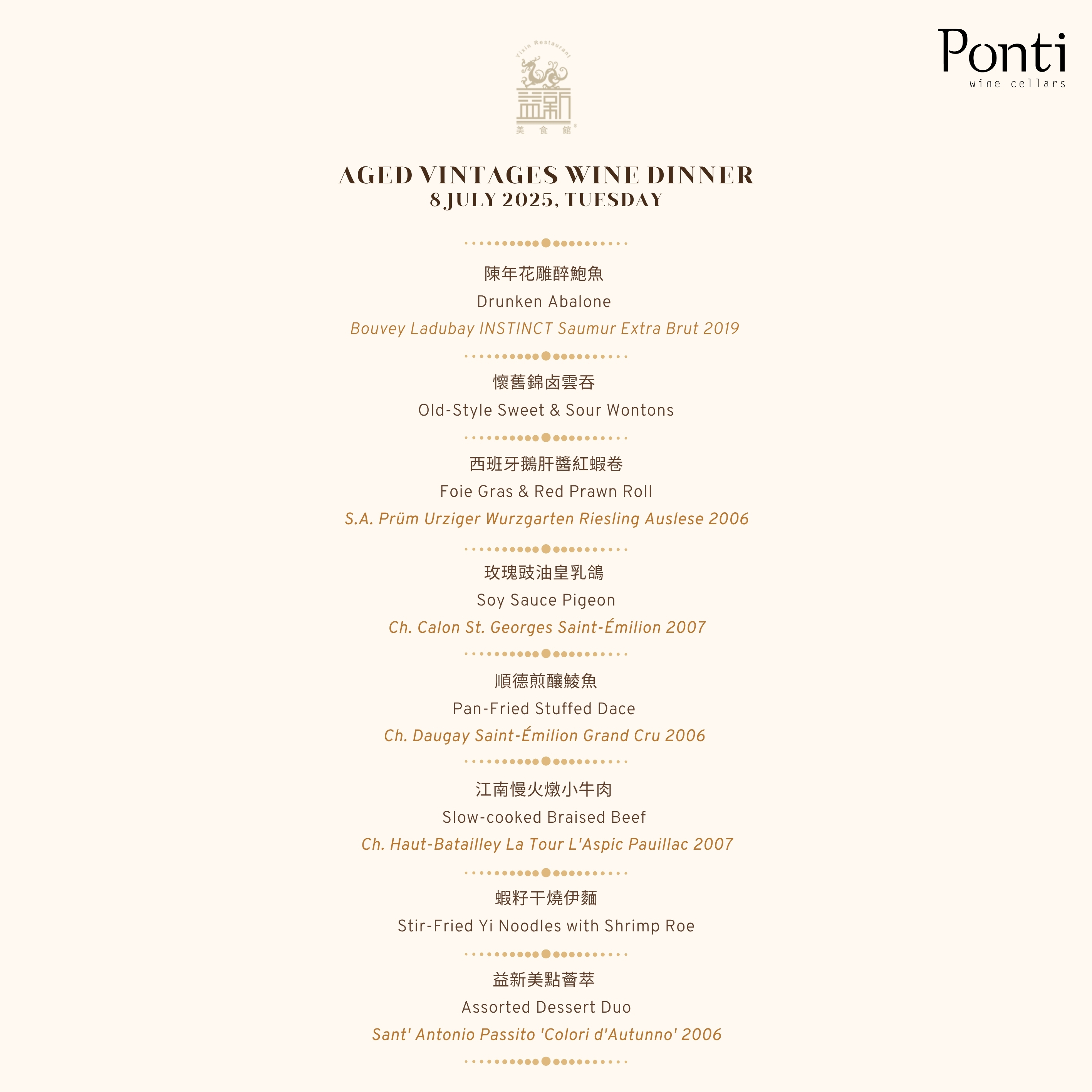 Aged Vintage Wine Dinner at Yixin Restaurant (8th July, Tuesday)