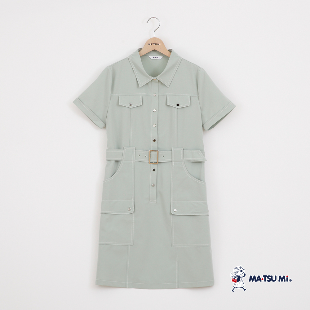 MA‧TSU Mi 翻領前開襟腰帶裝飾修身洋裝(草綠.深藍)