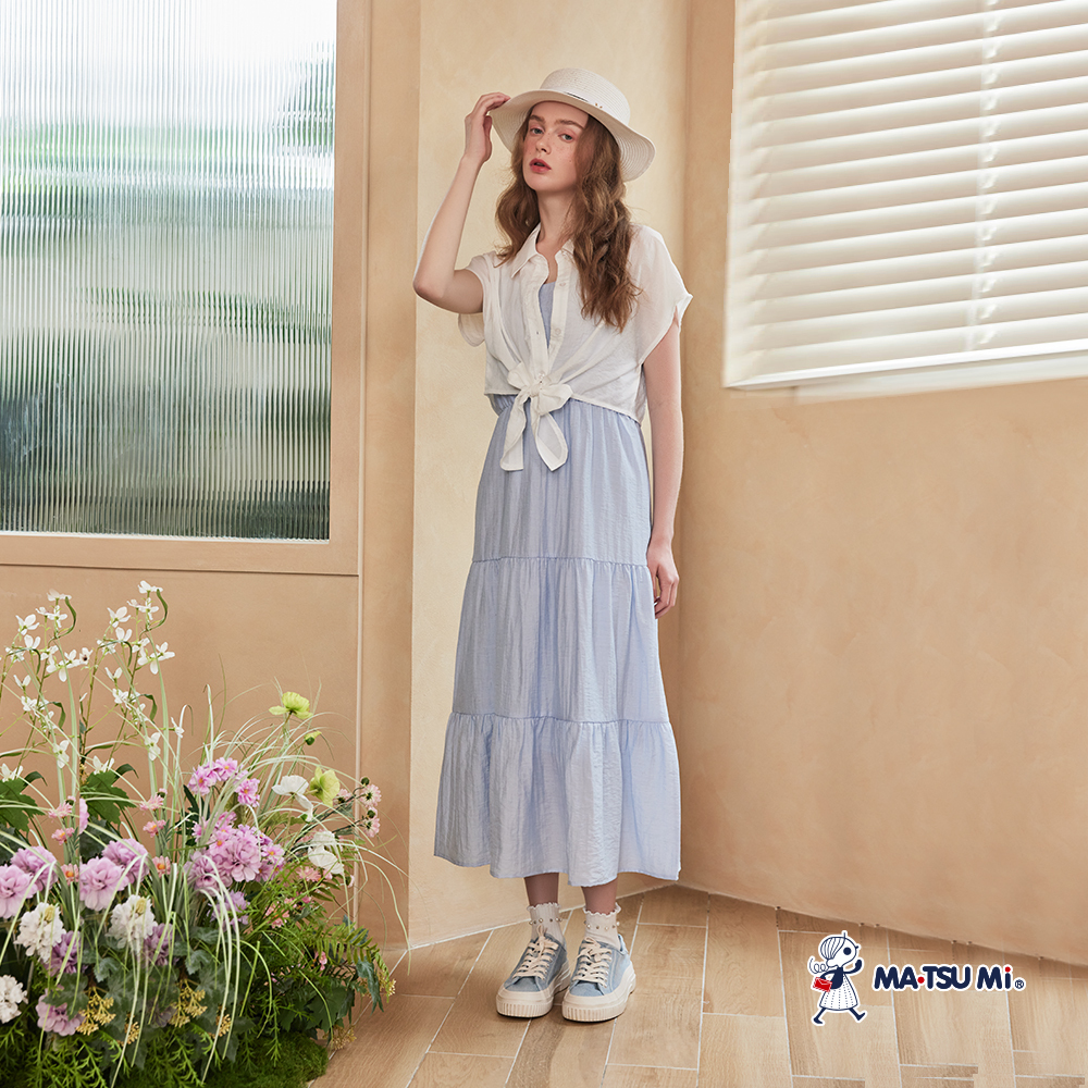 MA‧TSU Mi 兩件式背心蛋糕裙透膚綁帶罩衫洋裝(粉黃.水藍)