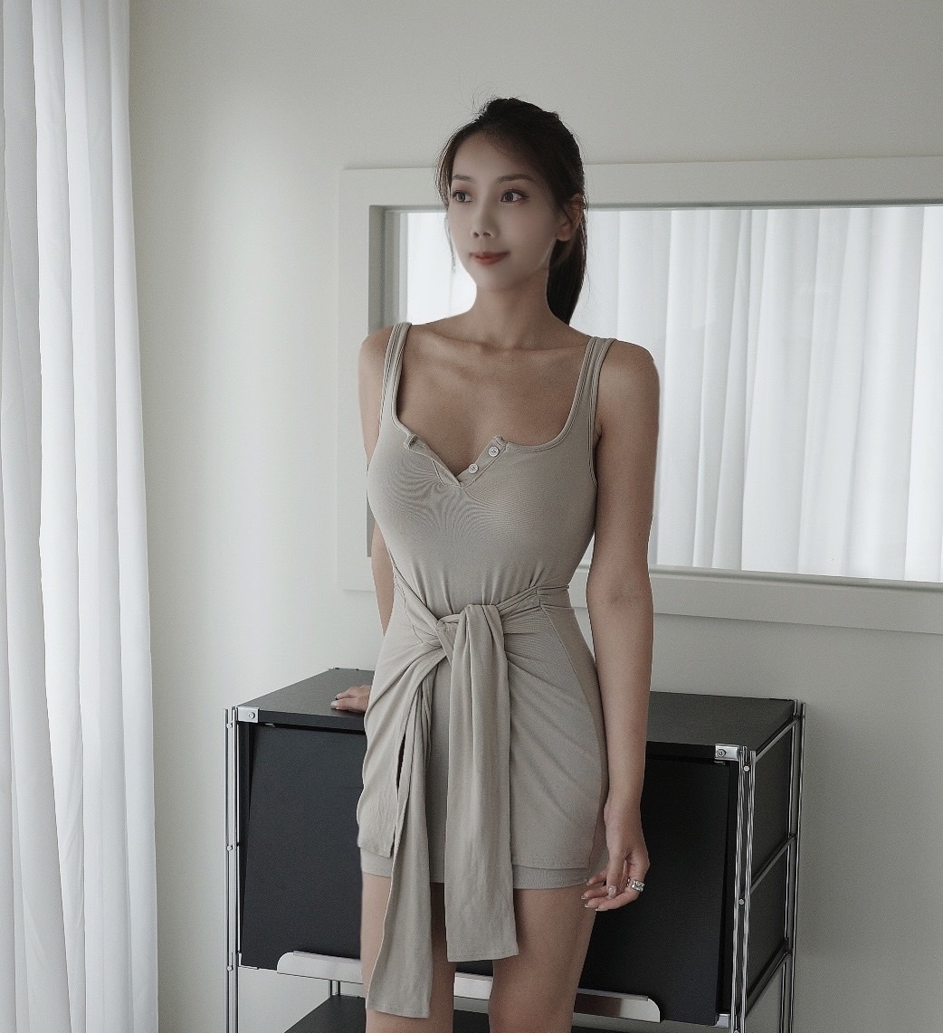 棉感彈力綁腰連身洋裝