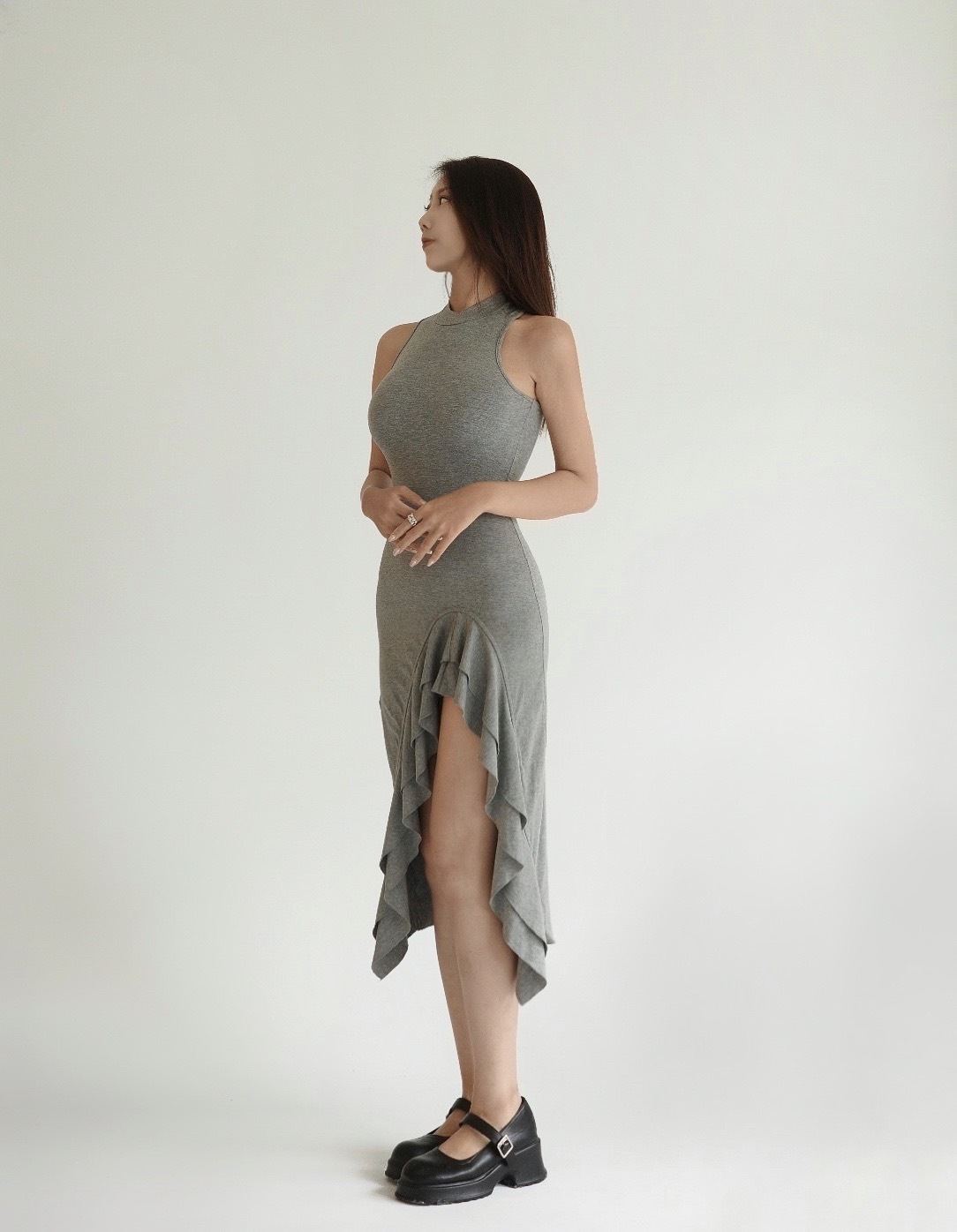 削肩荷葉開衩長洋