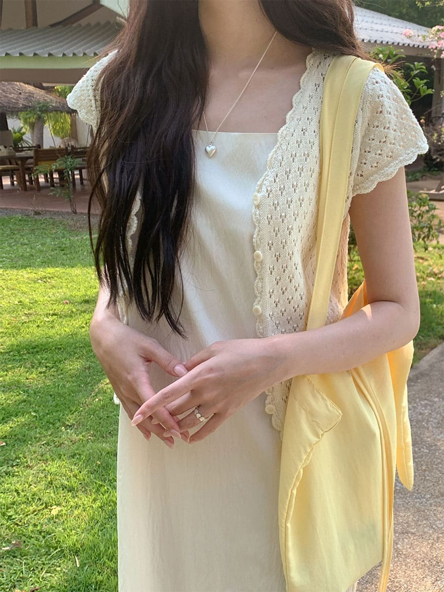 韓國Cherrykoko授權 法式可愛織花奶油色感純棉開襟衫