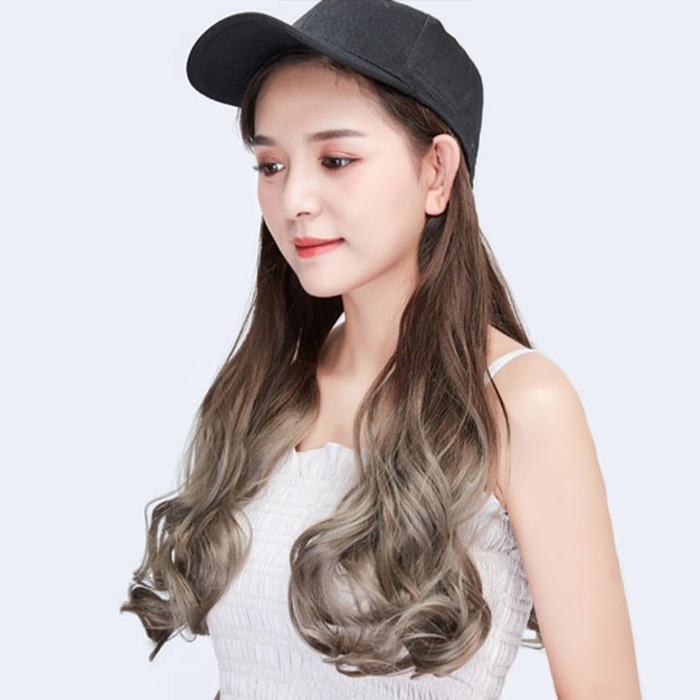 假髮 鴨舌帽假髮一體 長捲髮 大波浪捲 假髮套 全頭套式 帽子假髮 增髮量 改變造型 仿真髮 模擬人髮 霧霾藍色 076