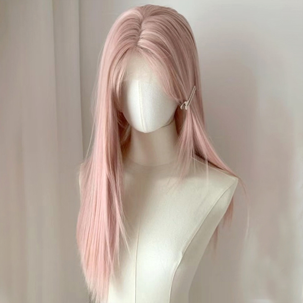 假髮 粉色假髮 女生假髮 中分假髮 長直假髮 全頭套式 模擬真髮 假髮片 cosplay 自然 透氣 仿真 假髮女074