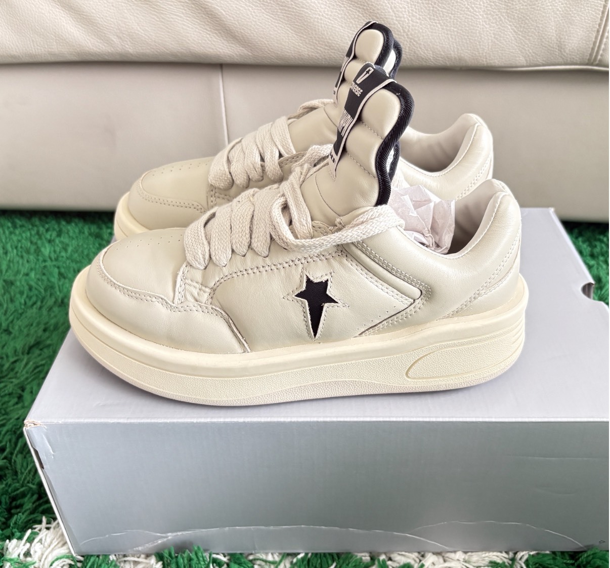 Rick Owens x Converse 聯名款 TURBOWPN 米白 帆布鞋 男女同款 厚底球鞋 增高鞋 潮流百搭 防滑耐磨 低幫休閒鞋 小臉鞋 星星鞋 Jun25