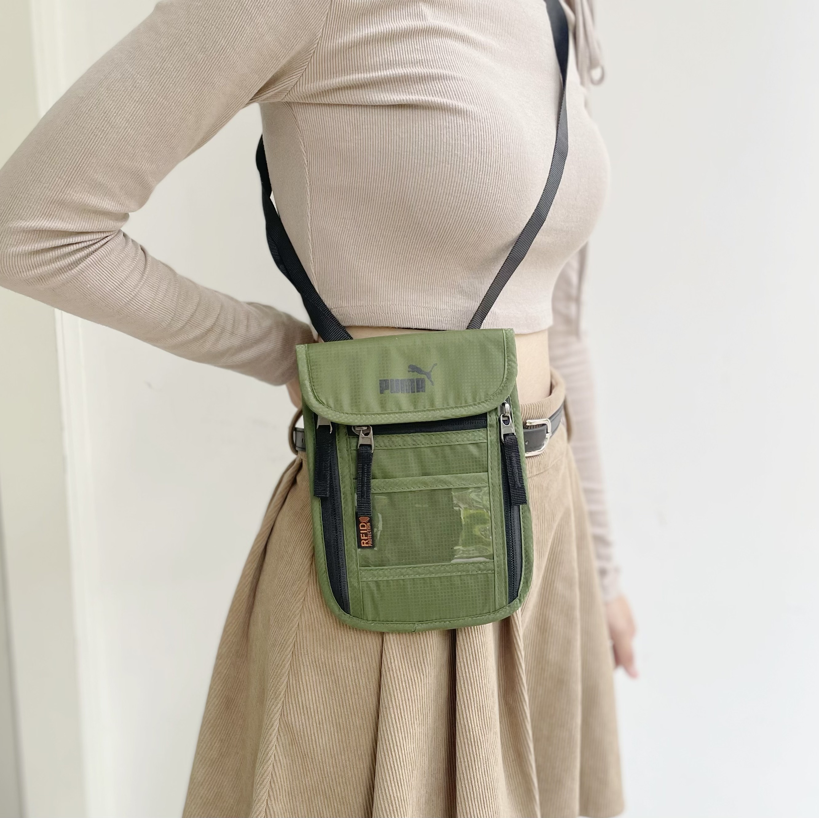 PUMA 墨綠 小包 肩背 多功能 護照收納 網布 工裝風