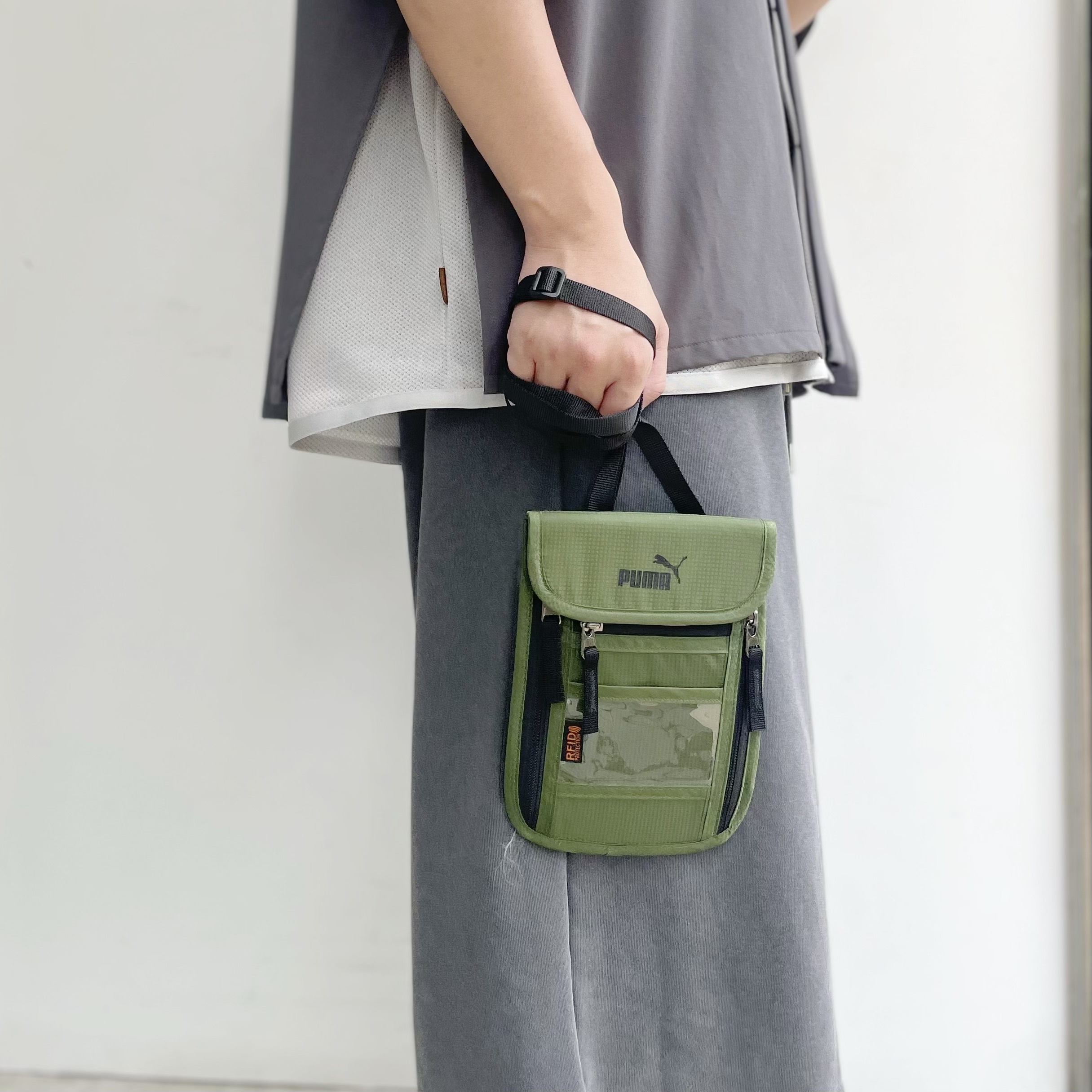 PUMA 墨綠 小包 肩背 多功能 護照收納 網布 工裝風