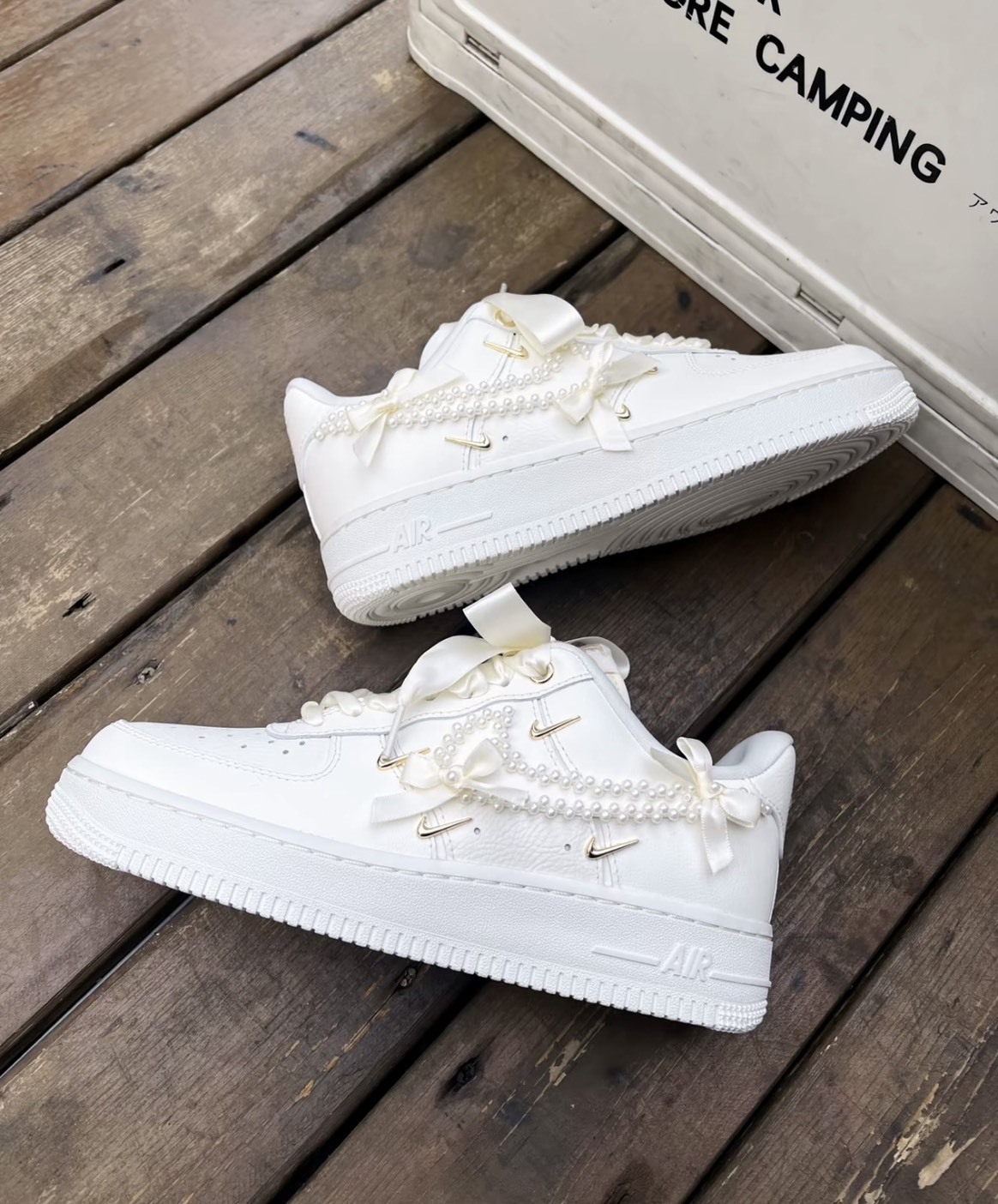 【訂製鞋款】Nike Air Force 1 繁花 珍珠絲綢鞋帶 韓式 女款 白色 FV3654111(Team-繁花珍珠芭蕾)