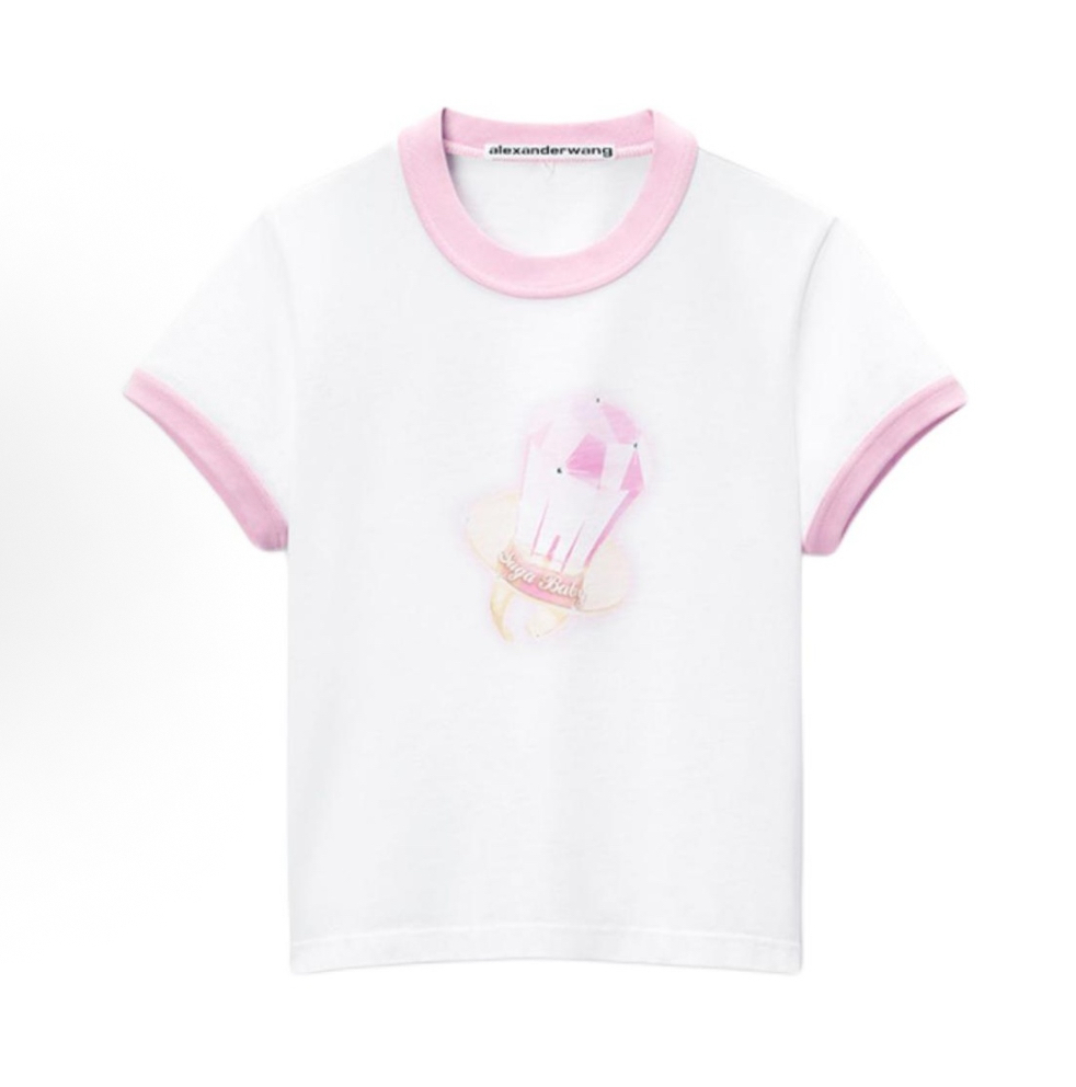 Alexander Wang FW24 圖案印花圓領短袖 T-shirt 女款 白色拼粉色