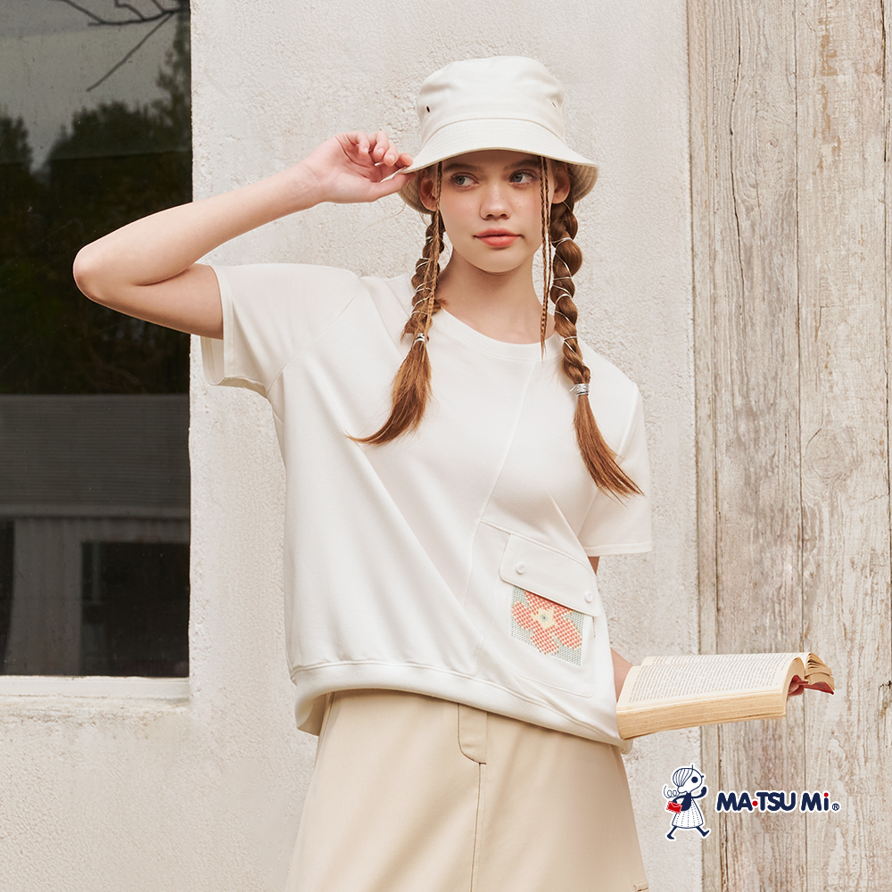 MA‧TSU Mi 寬鬆感不規則拼接線十字繡圖案口袋上衣(白.粉橘)