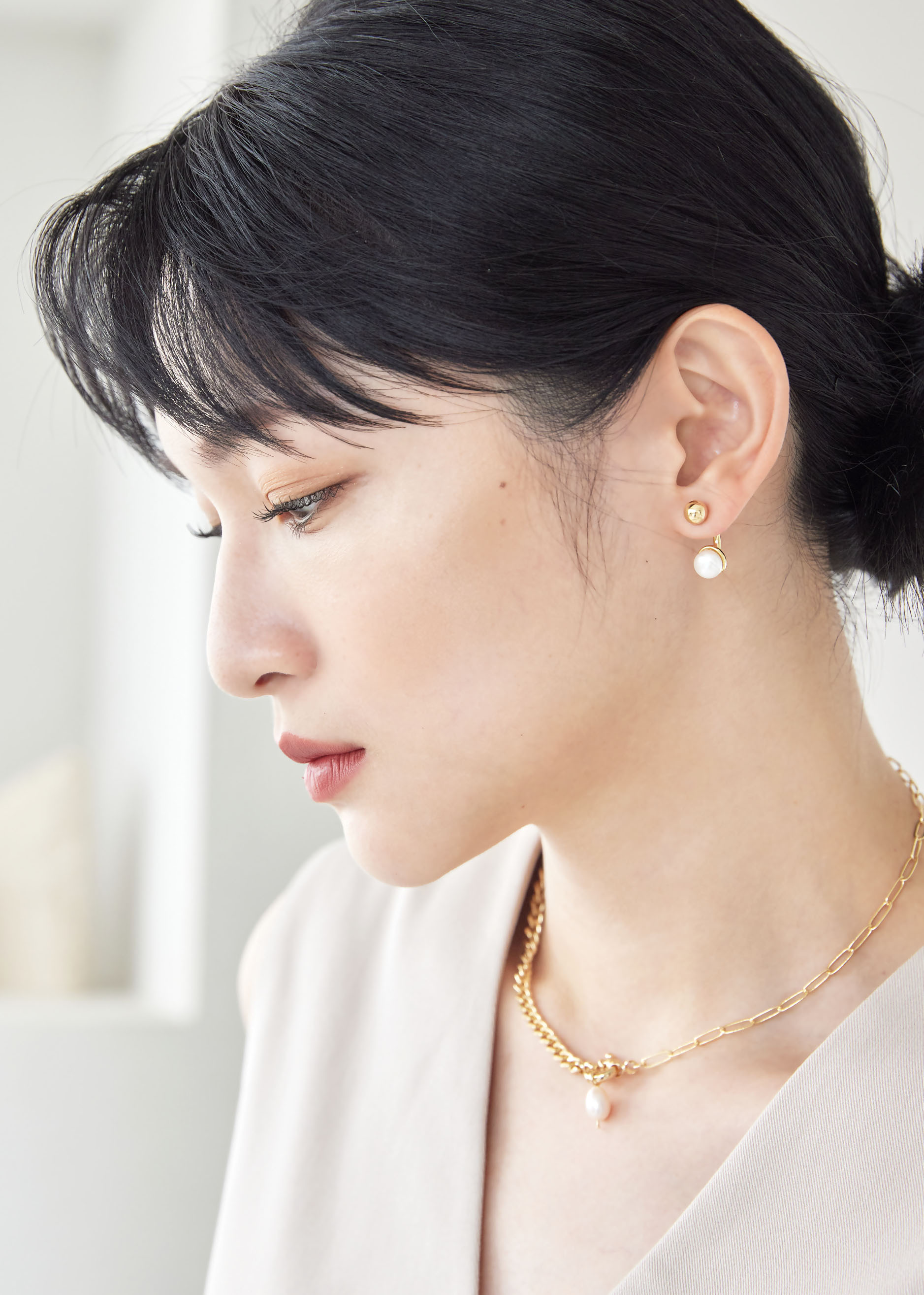 弧形雙珍珠耳環