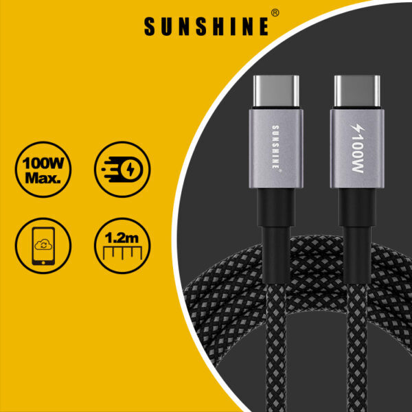 SUNSHINE 陽光 CAD-12BK 1.2米長 100W USB-C 快速充電線 黑色
