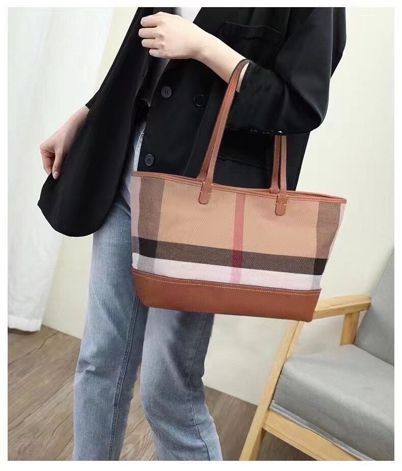 【9986格紋系列-拼接牛皮肩背大托特-附同款內包】