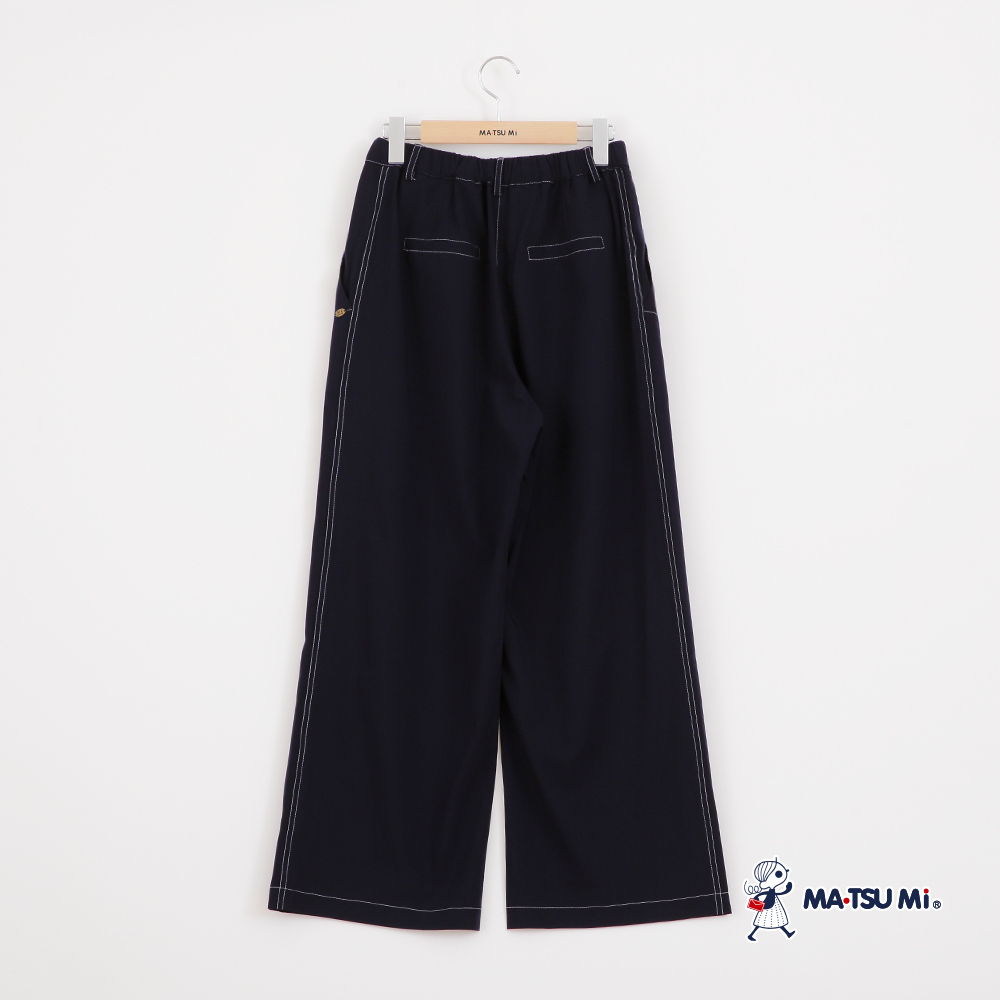MA‧TSU Mi 明線金屬標蝴蝶結長版修身寬褲(卡.深藍)