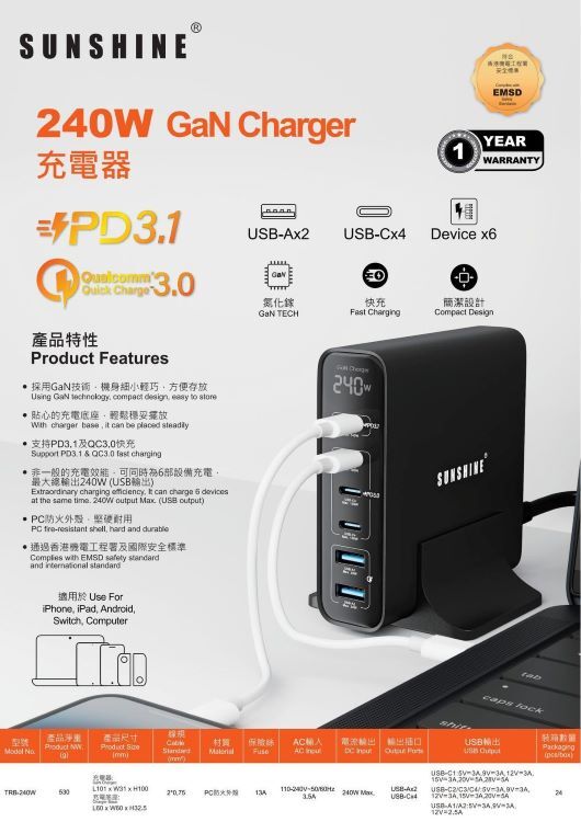 SUNSHINE TRB-240W GaN 快速充電器 240W PD3.1 QC3.0 USB-Ax2 USB-C x4
