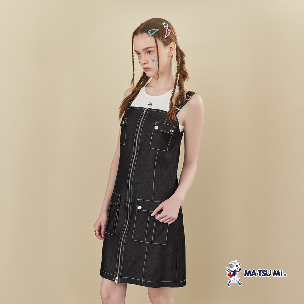 MA‧TSU Mi 明線光澤感雙拉鍊多口袋彈性修身背心洋裝(深藍.黑)