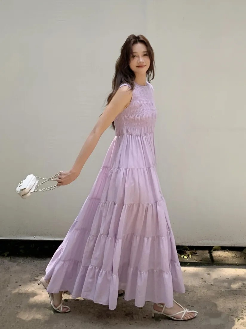 浪漫丁香紫圓領蛋糕裙擺長洋裝-F (Elegant & Love)