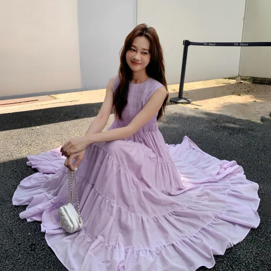 浪漫丁香紫圓領蛋糕裙擺長洋裝-F (Elegant & Love)