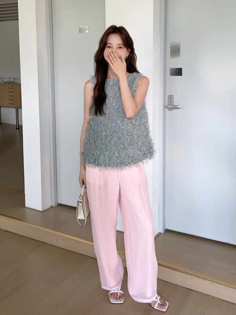 草莓粉織紋感長腿直筒褲長褲S-L (Elegant & Love)