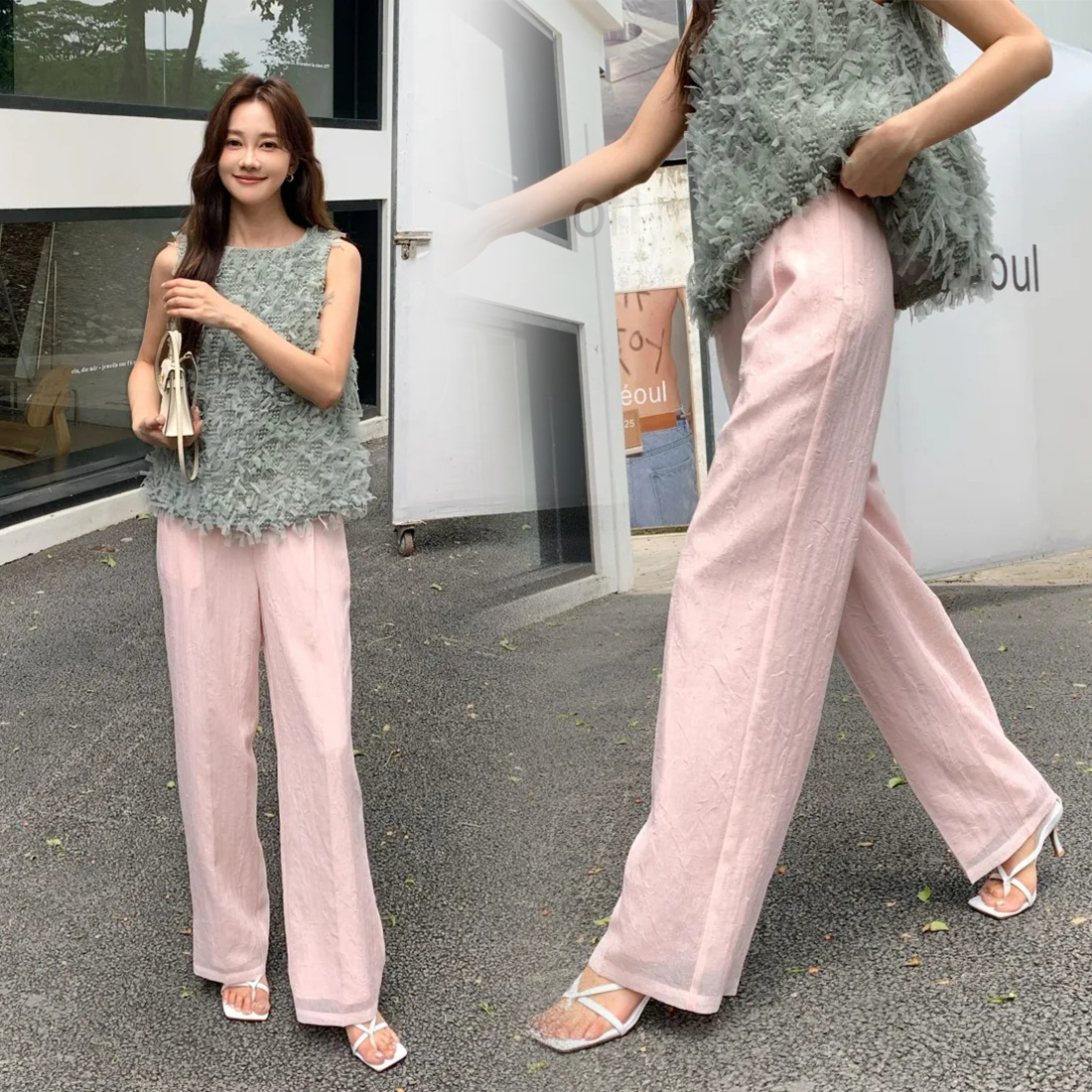 草莓粉織紋感長腿直筒褲長褲S-L (Elegant & Love)