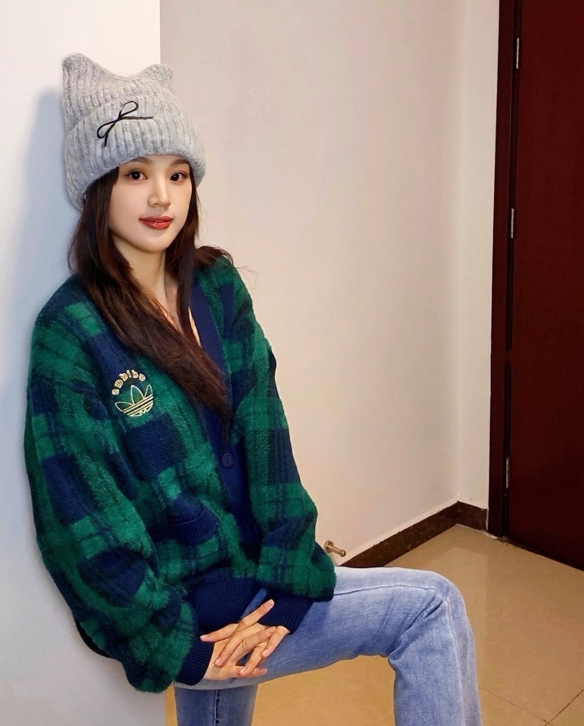 adidas三葉草 SPO KNIT V領格子針織衫 男女同款 森林綠 休閒寬鬆 學院風 百搭外套 Jun25