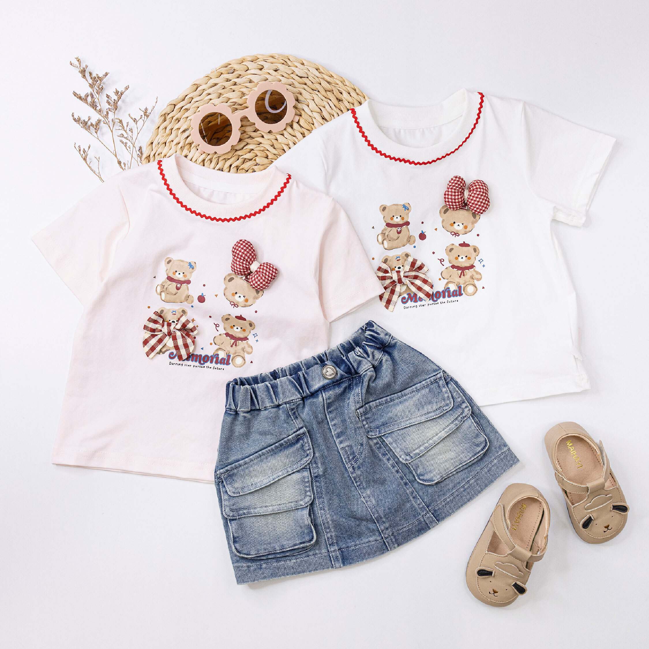 【H50511】立體蝴蝶結熊熊圓領上衣/短T＊二色