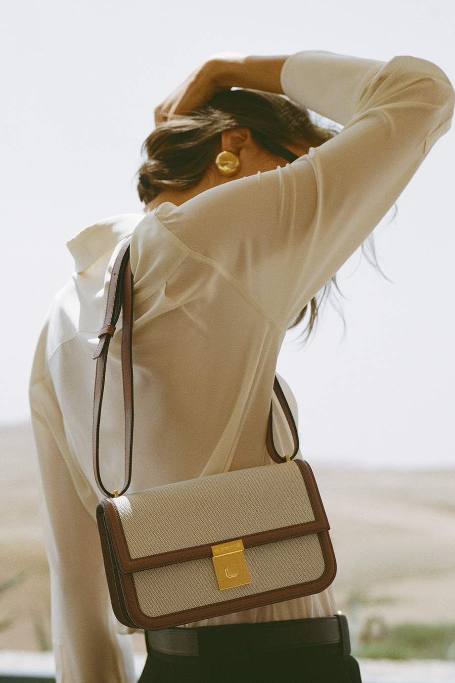 DeMellier｜PARIS 真皮飾邊帆布長形肩背包