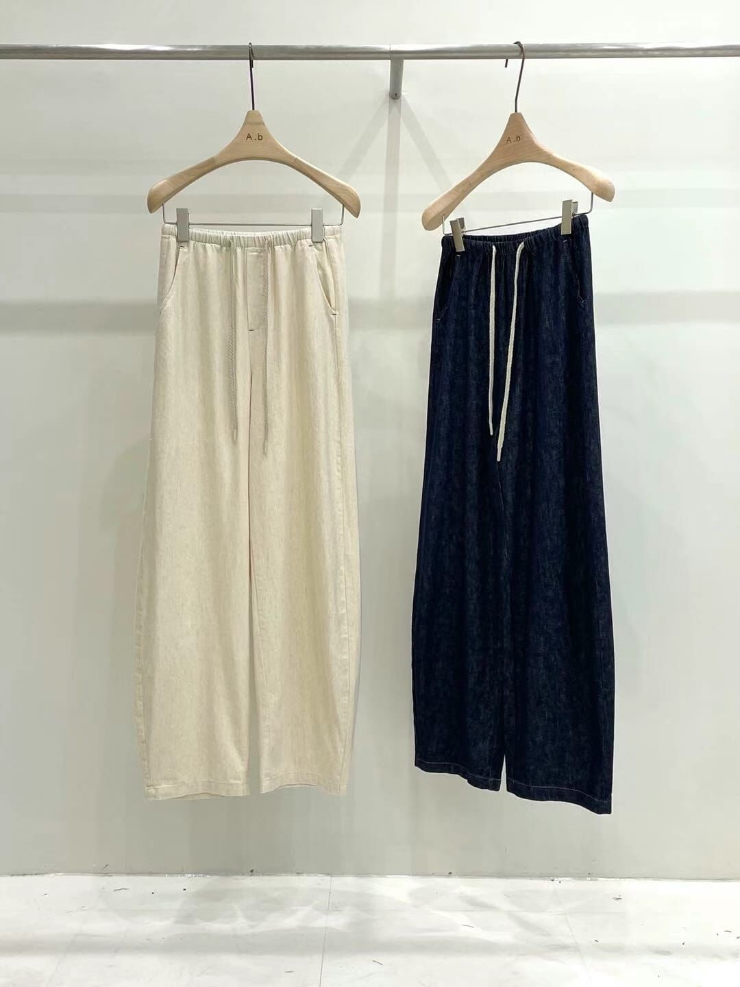 AB4451 綁帶混麻牛仔休閒褲 - 米白 / S