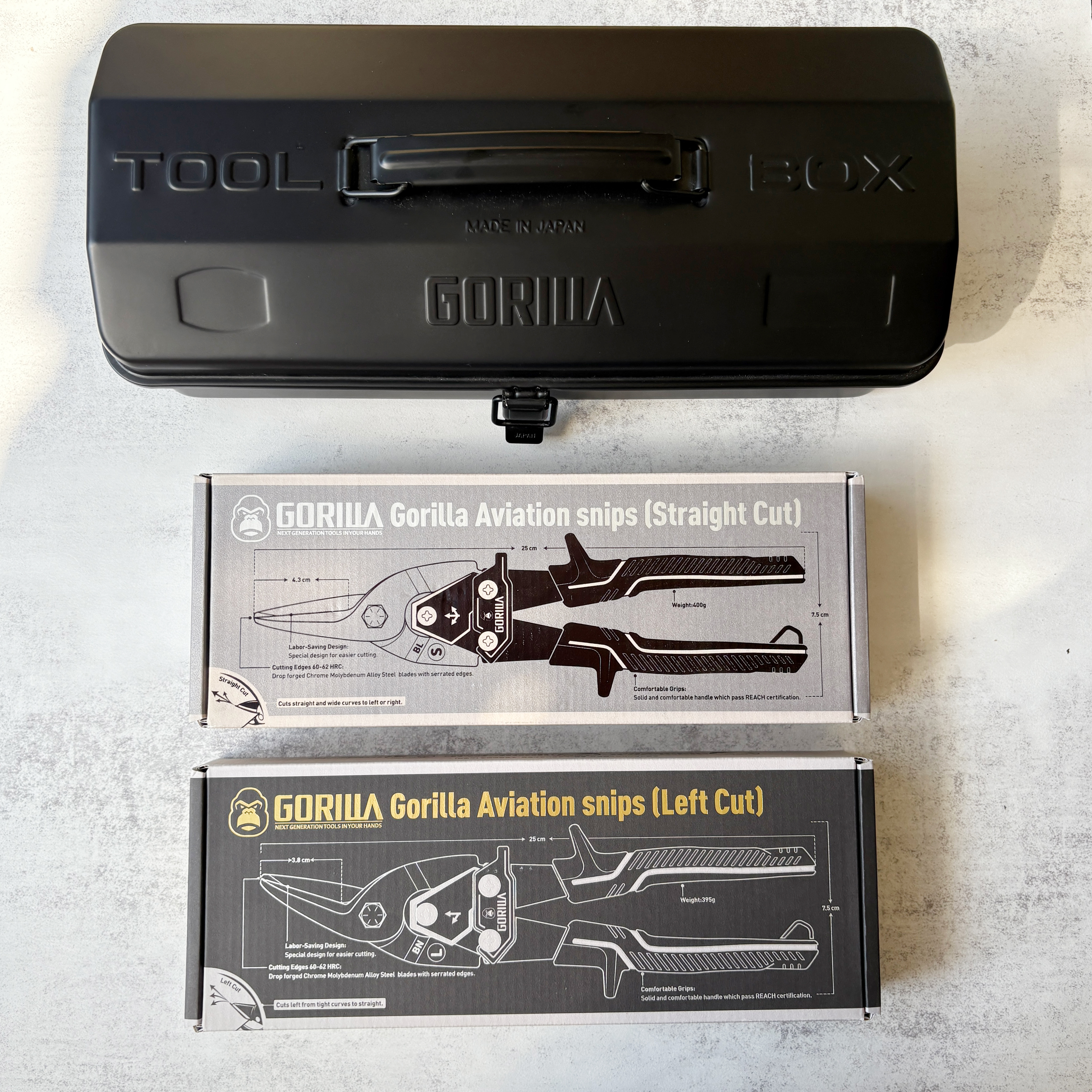 【Gorilla】超省力鐵皮剪刀（左彎剪）+ 【Gorilla】超省力鐵皮剪刀（直剪） + 頂級【Gorilla】霧黑色高張力鋼大工具箱 優惠組合