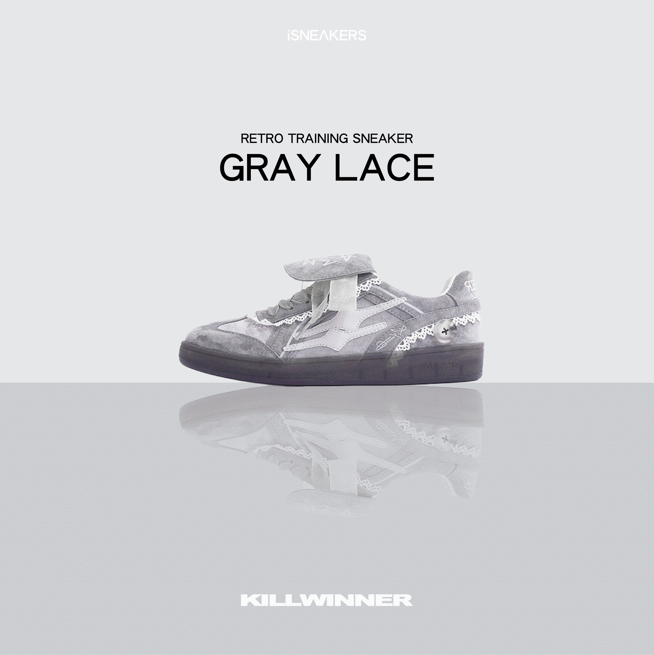 iSNEAKERS｜Killwinner 德訓鞋 麂皮灰蕾絲 KWDX240403