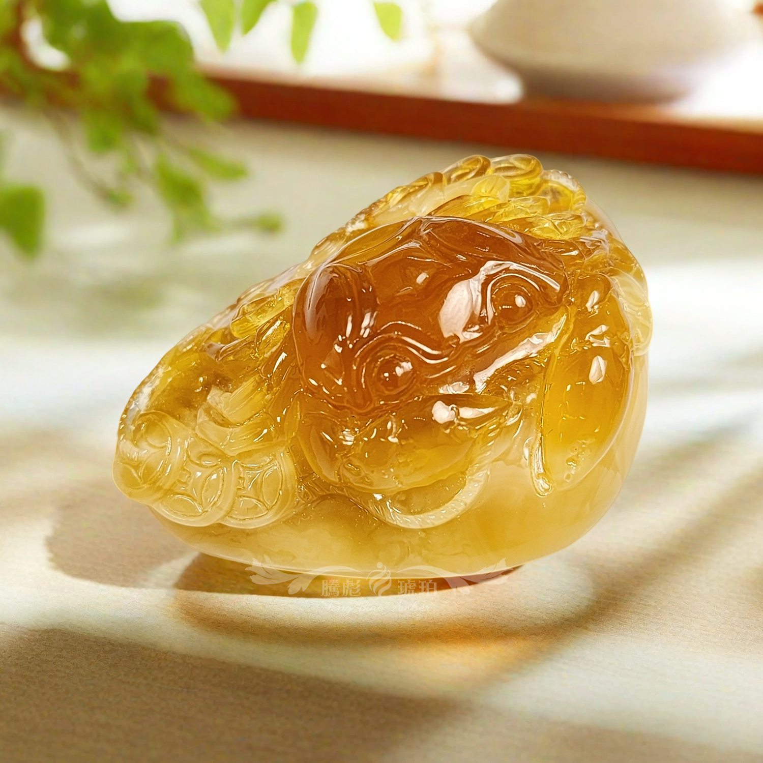 收藏款3A天然俄羅斯雞油紅黃八方來財立體雕刻掛擺件