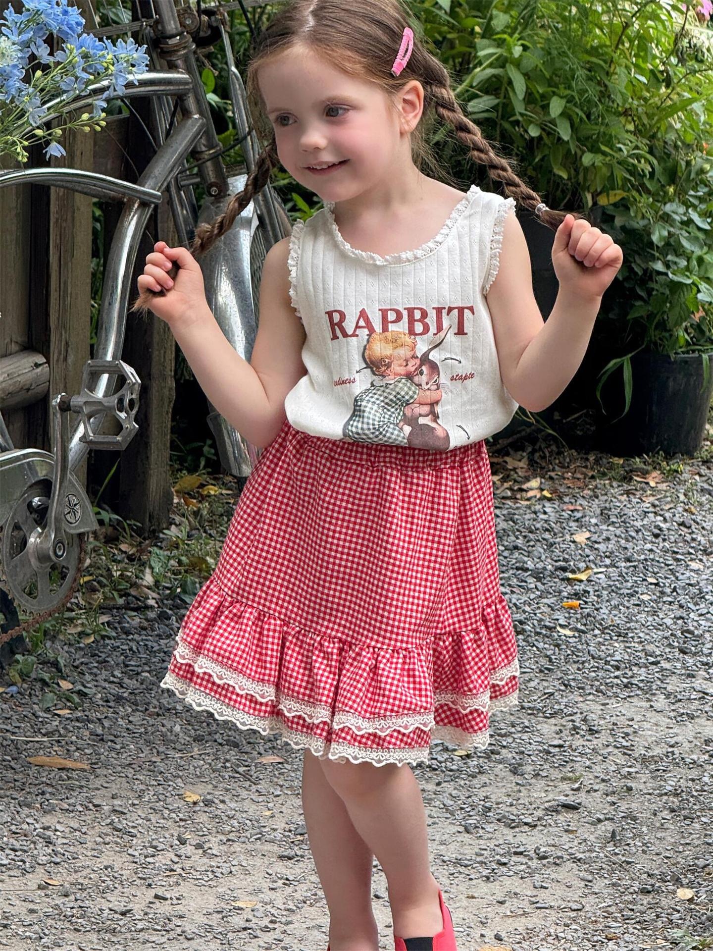 米白拼接紅格子裙