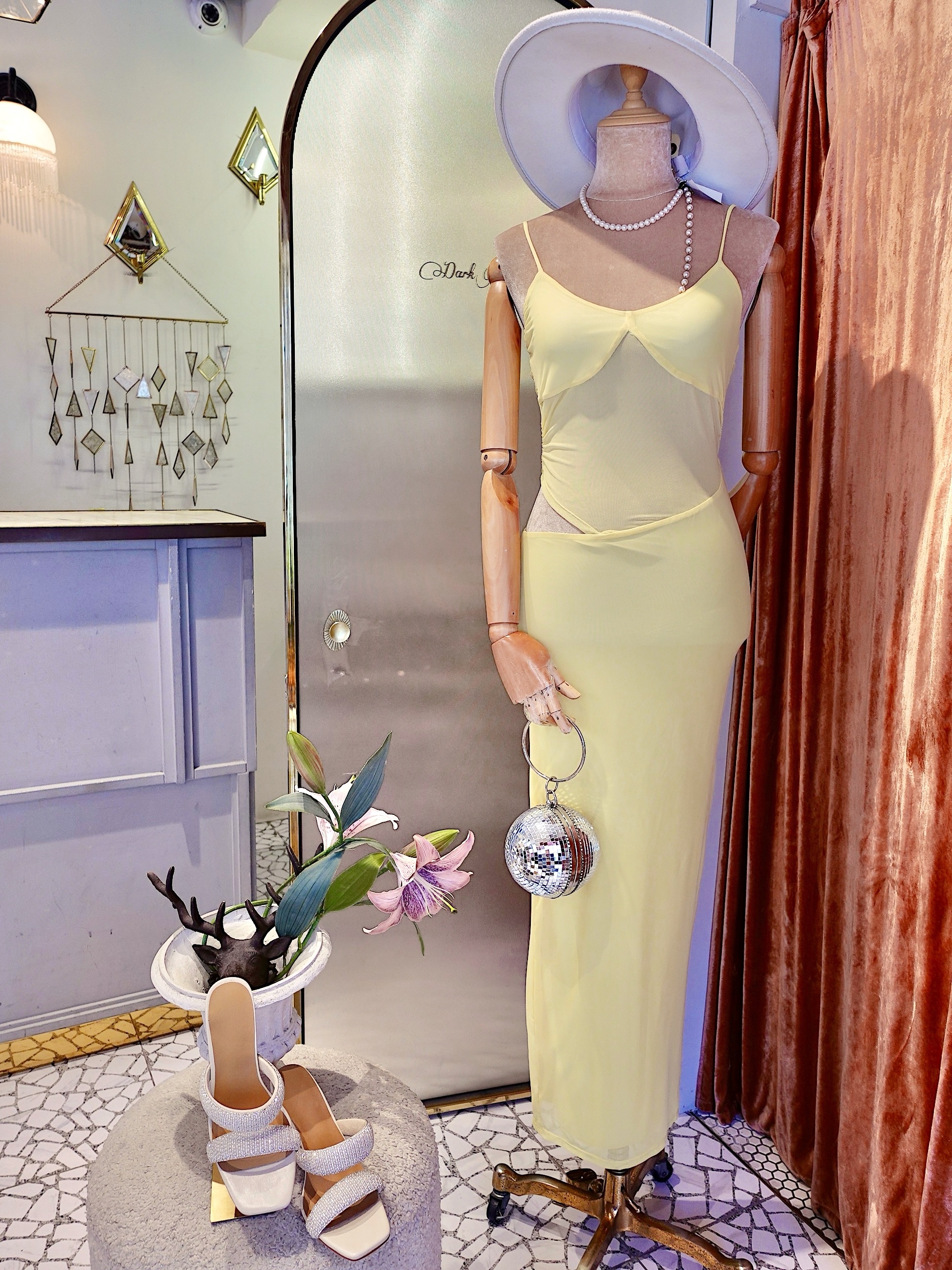 Lemon Yellow檸檬黃色透紗Cutout露腰Maxi Dress