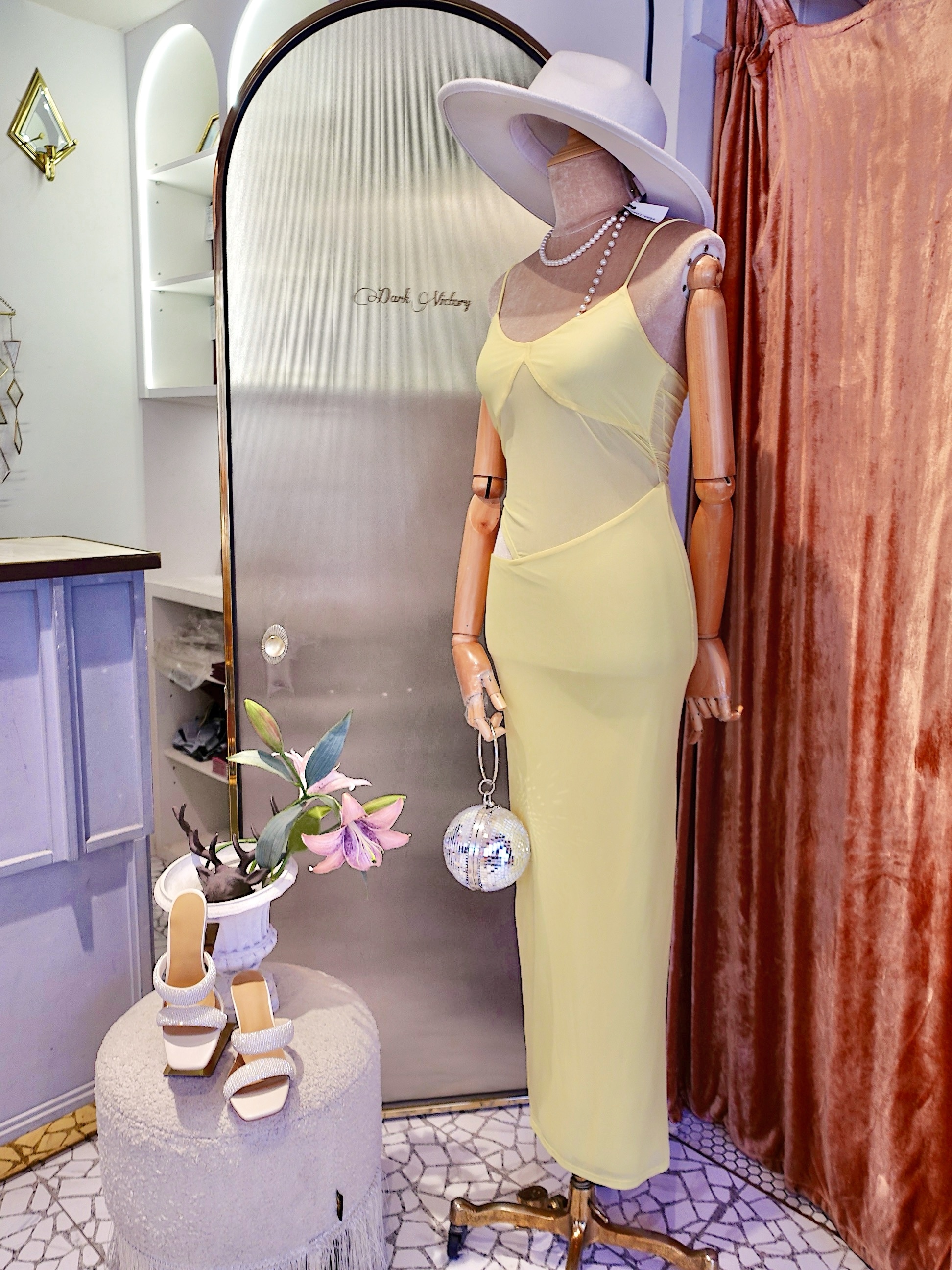 Lemon Yellow檸檬黃色透紗Cutout露腰Maxi Dress