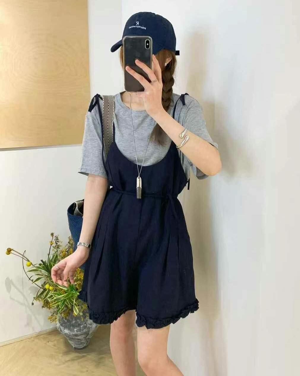 【甜美必備的花邊綁帶吊帶褲套裝組】（現貨）