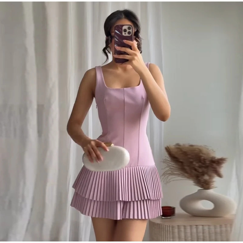 雙層裙襬 方領小洋裝(粉/白/黑)