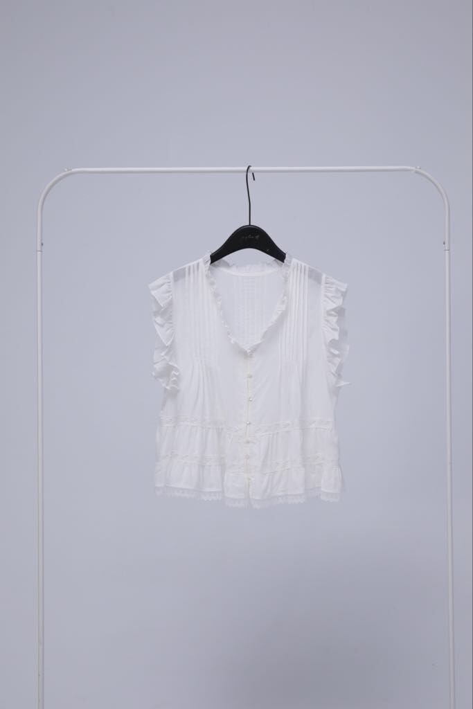 NY47 超精緻人造絲蕾絲壓褶上衣