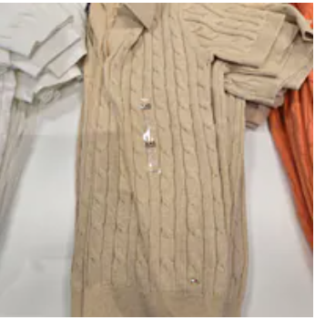 [S] TOMMY HILFIGER DARK BEIGE SHORT SLEEVE CABLE KNIT POLO SWEATER , XW04798-300 (STH1306)