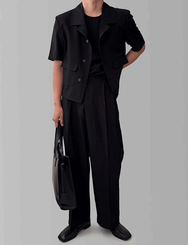 三粒扣短款短袖外套+休閒西裝褲