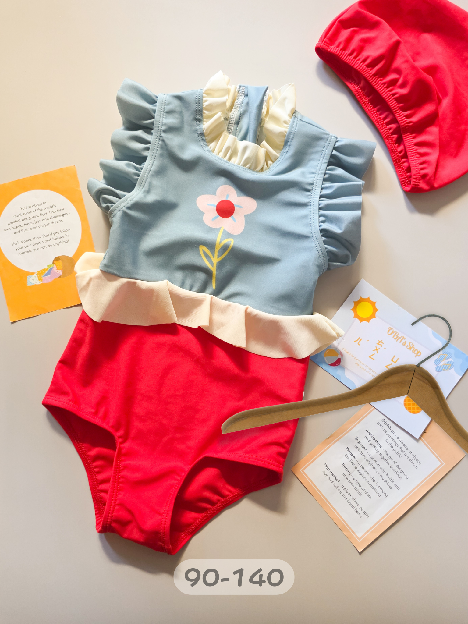 藍拼紅花朵 連身泳衣2件組