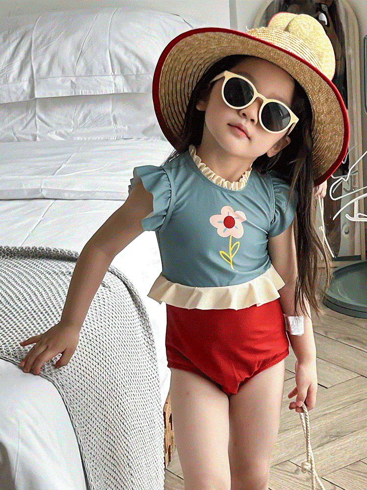 藍拼紅花朵 連身泳衣2件組