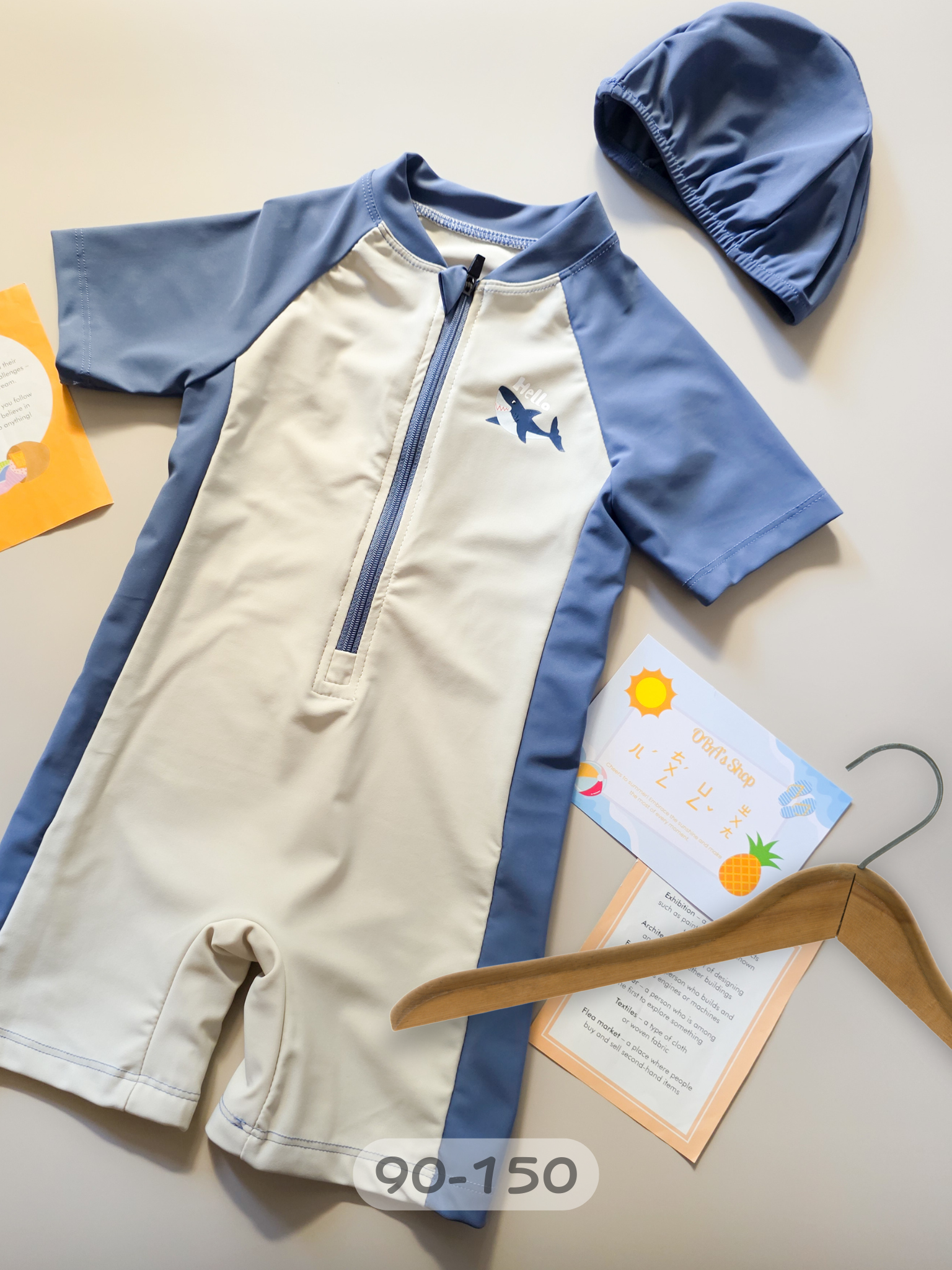 藍色hello鯊魚 短袖連身泳衣2件組