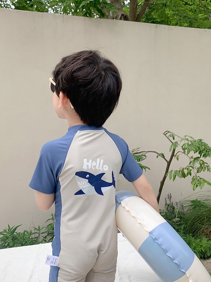 藍色hello鯊魚 短袖連身泳衣2件組