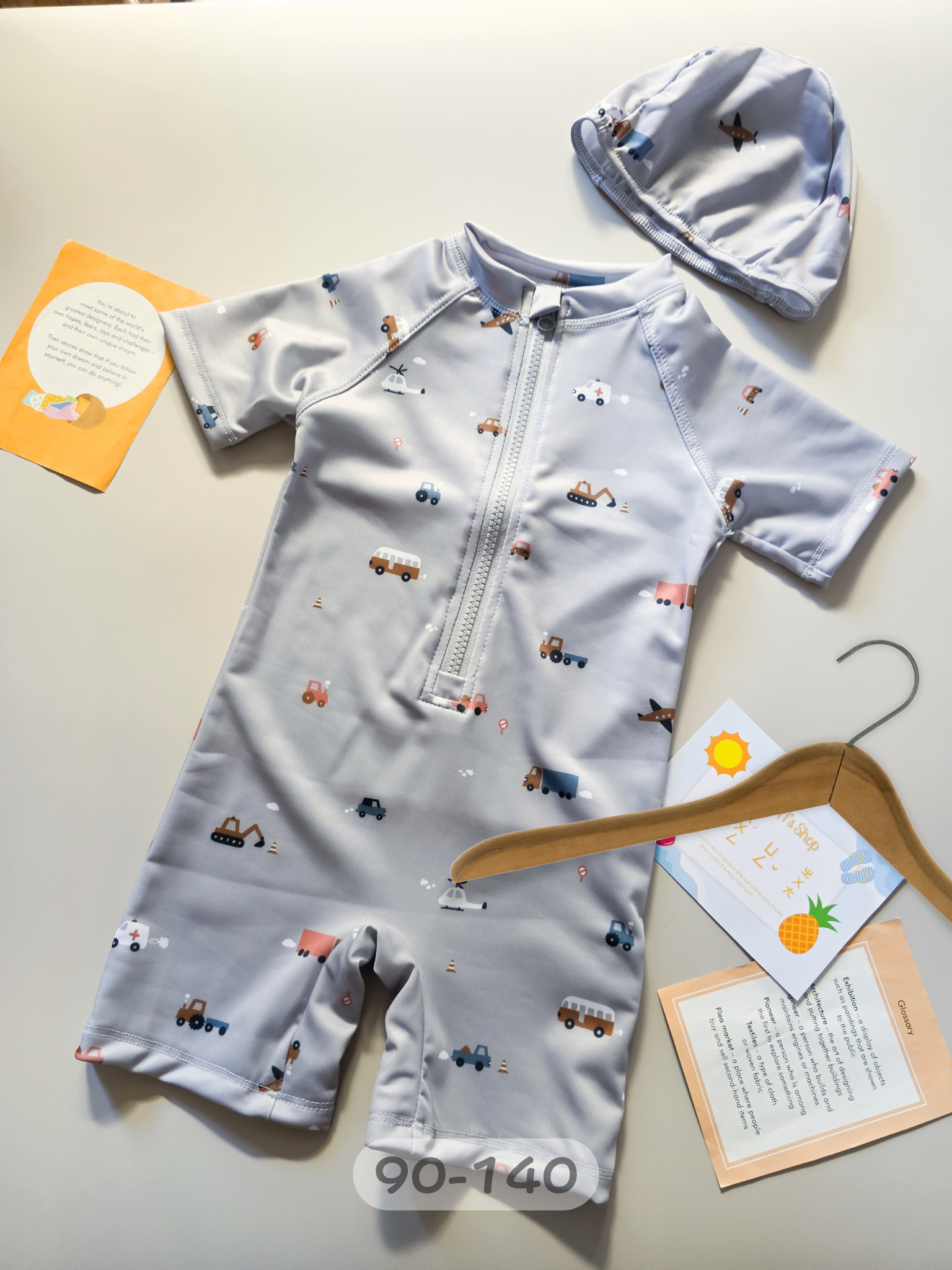 藍灰小車車 短袖連身泳衣2件組