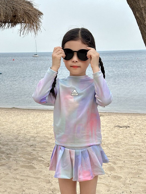 彩色暈染 長袖百褶泳裝3件組